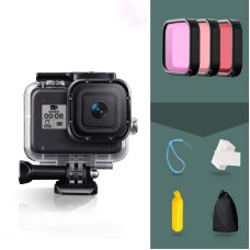 För GoPro Hero8 Svart 45m vattentätt bostadsskyddsfodral med Buckle Basic Mount & Screw & (Purple, Red, Pink) Filters & Floating Bobber Grip & Strap & Anti-Fog Inserts (Transparent)