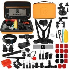[US Warehouse] PULUZ 53 in 1 Accessories Total Ultimate Combo Kits with Orange EVA Case (Chest Strap + Suction Cup Mount + 3-Way Pivot Arms + J-Hook Buckle + Wrist Strap + Helmet Strap + Extendable Monopod + Surface Mounts + Tripod Adapters + Storage Bag 
