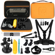 PULUZ 20 in 1 Accessories Combo Kits with Orange EVA Case (Chest Strap + Head Strap + Suction Cup Mount + 3-Way Pivot Arm + J-Hook Buckles + Extendable Monopod + Tripod Adapter + Bobber Hand Grip + Storage Bag + Wrench) for GoPro Hero11 Black / HERO10 Bla