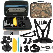 PULUZ 20 in 1 Accessories Combo Kit with Camouflage EVA Case (Chest Strap + Head Strap + Suction Cup Mount + 3-Way Pivot Arm + J-Hook Buckles + Extendable Monopod + Tripod Adapter + Bobber Hand Grip + Storage Bag + Wrench) for GoPro Hero11 Black / HERO10 