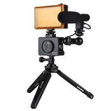 PULUZ SONY RX0 -kotelon kuori -alumiiniseoshäkki + kääntyvä pallo pään taikavarsi + työpöydän jalusta Mount + Photo Studio Light + Video -ampuma -aseen mikrofonisarjat (musta)