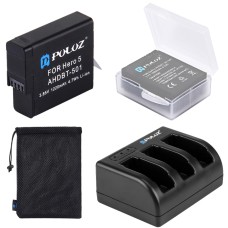 Puluz 4 в 1 AHDBT-501 3.85V 1220mAh батерия + AHDBT-501 3-канално зарядно устройство за батерия + мрежеста чанта за съхранение + комплекти за съхранение на батерията за GoPro Hero7 /6/5